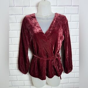 J.Crew Burgundy Velvet Wrap Blouse with Tie Waist - Size 2